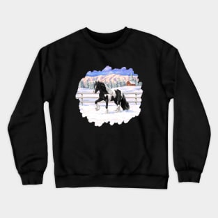 Black Pinto Piebald Gypsy Vanner Draft Horse Trotting in Snow Crewneck Sweatshirt